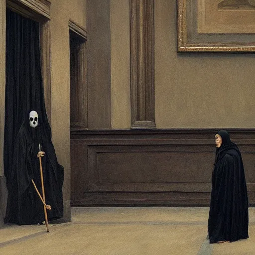 Prompt: the grim reaper standing stoic in black robe, holding scythe, waiting patiently, in a museum with paintings and people, perfect composition, by edmond leighton, simon stalenhag