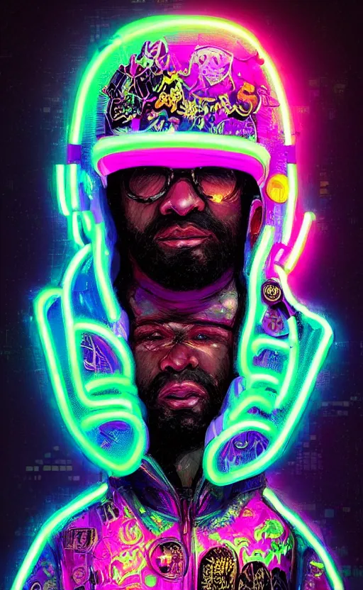 Prompt: detailed portrait Questlove Neon Operator, cyberpunk futuristic neon, reflective puffy coat, decorated with traditional Japanese ornaments by Ismail inceoglu dragan bibin hans thoma !dream detailed portrait Neon Operator Girl, cyberpunk futuristic neon, reflective puffy coat, decorated with traditional Japanese ornaments by Ismail inceoglu dragan bibin hans thoma greg rutkowski Alexandros Pyromallis Nekro Rene Maritte Illustrated, Perfect face, fine details, realistic shaded, fine-face, pretty face