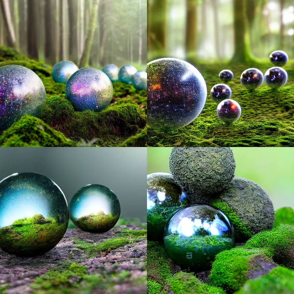 Prompt: multiple glass spheres laying in a mossy forest, fog, galaxies contained inside, UHD, photo real, refracting light