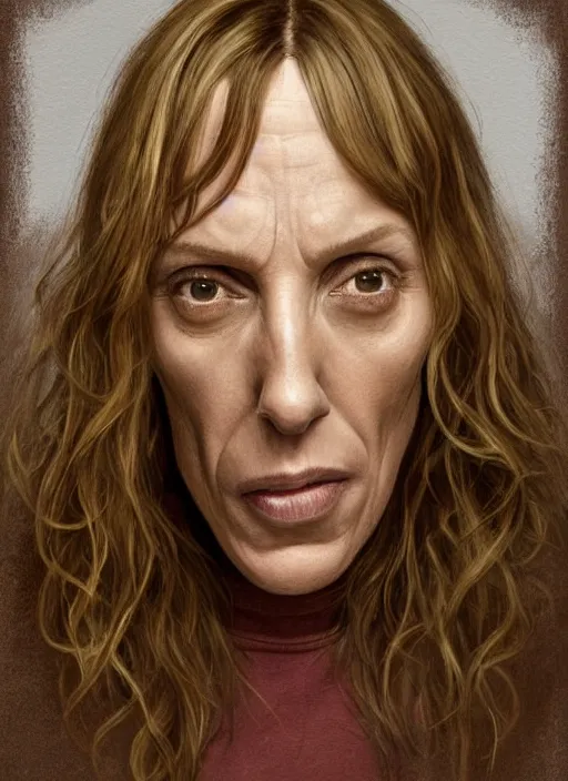Prompt: portrait of Toni Collette in Hereditary (2018), highly detailed, centered, solid color background, digital painting, artstation, concept art, smooth, sharp focus, illustration, Jason Edmiston, donato giancola, Joseph Christian Leyendecker, Les Edwards, Ed Repka, WLOP, Artgerm