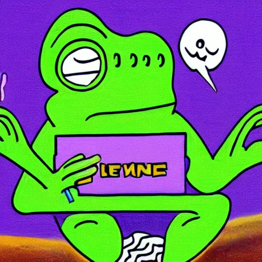 Image similar to pepe the frog drinking lemonade on a purple couch in the desert