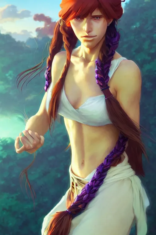 Image similar to long ginger hair, tanned woman in a prehistoric outfit, green eyes, by artgerm, hair tied in a ponytail, white backdrop, soft lighting, blue and purple colors, by greg rutkowski makoto shinkai takashi takeuchi