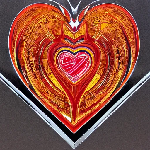 Prompt: a chrome carved heart, intricate artwork, red, orange, yellow colors, graphic style of Patrick Gleason very coherent symmetrical artwork,