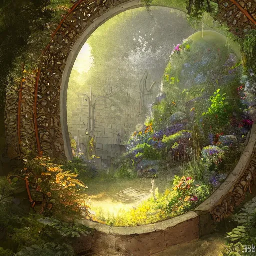 Image similar to a portal in a mysterious garden filled with spherical plants, by Claesz, Pieter, trending on art station