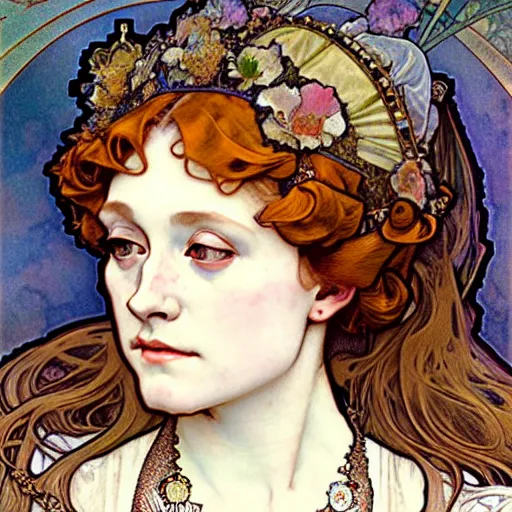 Prompt: realistic detailed face portrait of beautiful young Queen Elizabeth Tudor in the style of Alphonse Mucha by Alphonse Mucha, Ayami Kojima, Yoshitaka Amano, Charlie Bowater, Greg Hildebrandt, Jean Delville, Adam Hughes, Karol Bak, and Mark Brooks, Art Nouveau, Gothic Revival, Pre-Raphaelite, exquisite fine details, 8k resolution, deep rich moody colors