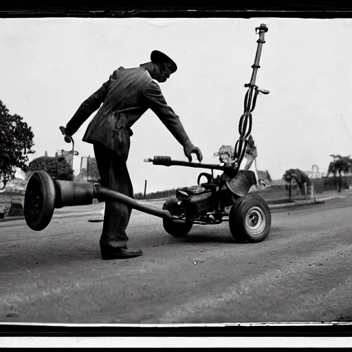 Image similar to photograph of an eldery gentleman towing a howitzer! artillery! with a mobility scooter on a street