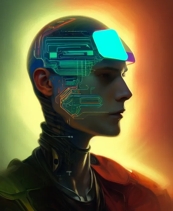 Image similar to a whirlwind inside the metaverse, guy, male, man, hologram, half body, neurochip, android, cyborg, cyberpunk face, by loish, d & d, fantasy, intricate, elegant, highly detailed, colorful, digital painting, artstation, concept art, art by artgerm and greg rutkowski and alphonse mucha