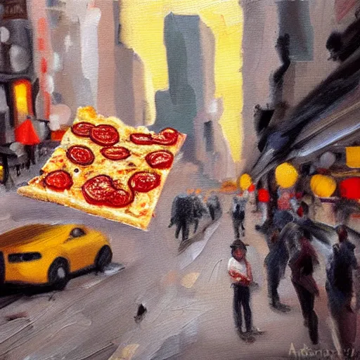 Prompt: slice of pizza on a street in new york city, oil painting, very detailed, trending on artistation, desaturated, 4 k