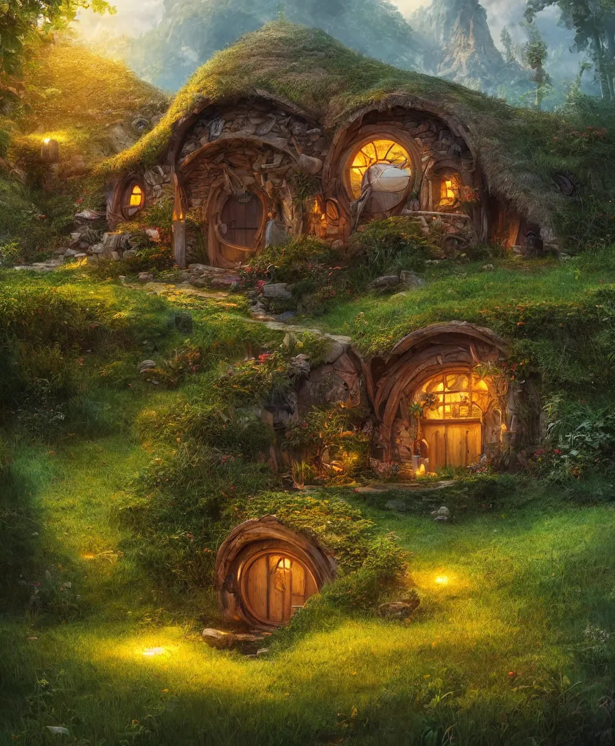 Prompt: beautiful Hyperrealistic hobbit house, highly detailed, digital painting, trending artstation, concept art, illustration, cinematic lighting, vibrant colors, photorealism, epic, octane render