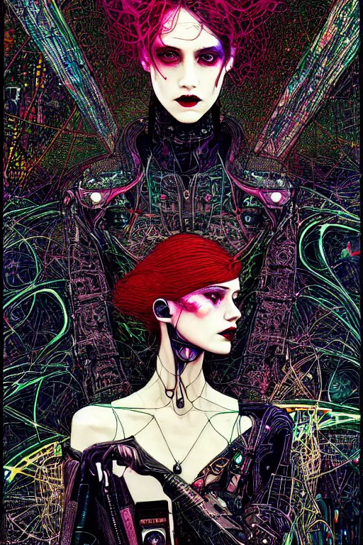 Image similar to dreamy cyberpunk girl, abstract black leather, digital nodes, beautiful woman, detailed acrylic, grunge, intricate complexity, by dan mumford and by harry clarke, peter lindbergh