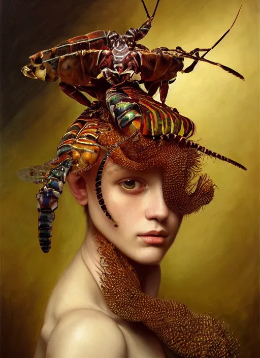 Image similar to highly detailed oil painting | very intricate | cinematic lighting | award - winning | mantis shrimp fashion by alexander mcqueen | by roberto ferri, by tom bagshaw, by j. c. leyendecker and klimt, american romanticism, by austin osman spare, artstation, cgsociety, official art, octane