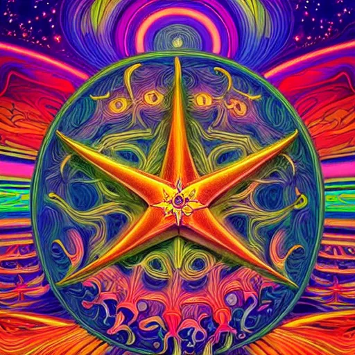Image similar to An extremely psychedelic abstract illustration of an 3d nautical star, colorful, surreal, dramatic lighting, magic mushrooms, psilocybin, LSD, detailed, intricate, elegant, highly detailed, digital painting, artstation, concept art, smooth, sharp focus, illustration, art by Krenz Cushart and Artem Demura and alphonse mucha, unreal engine 5 render, 8k