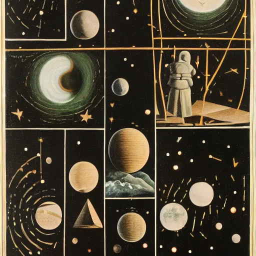 Image similar to a parade of disconnected images : obscure corners of nameless interiors, astronomical diagrams projecting the distances between celestial bodies, a painting by giorgio de chirico, a list of unpopular anagrams.