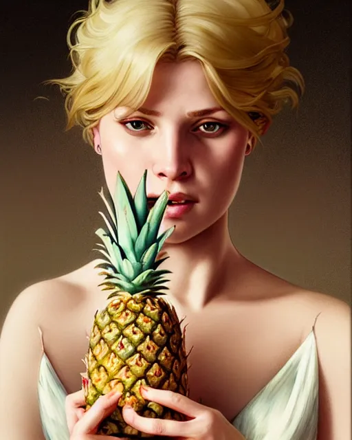 Image similar to Portrait of a fat drunk blond woman eating a pineapple dessert,real life skin, intricate, elegant, highly detailed, artstation, concept art, smooth, sharp focus, art by artgerm and greg rutkowski and alphonse mucha