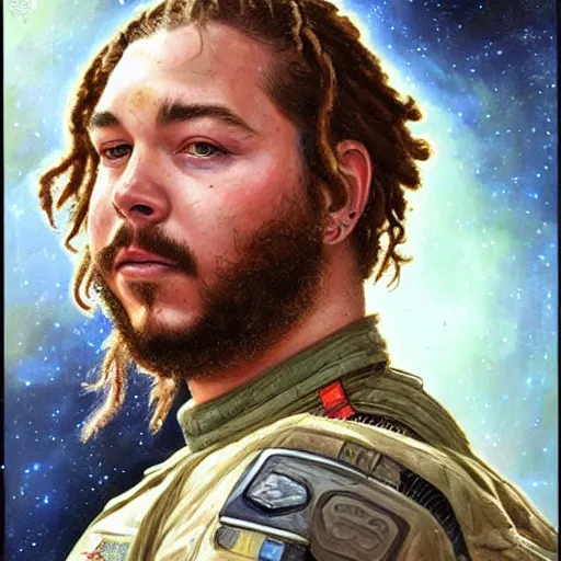 Image similar to Post Malone as a space soldier, close-up portrait art by Donato Giancola and James Gurney, digital art, trending on artstation