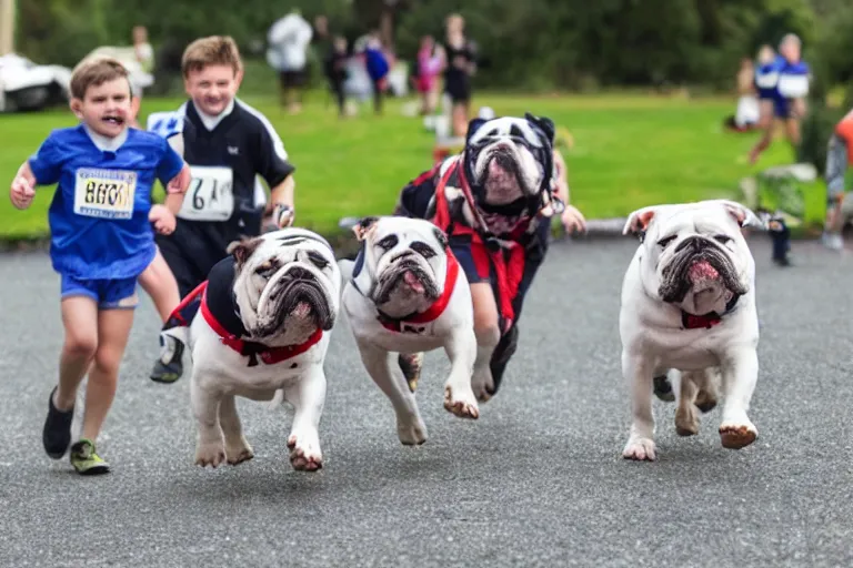 Image similar to bulldogs that are running in a race to cross a finish line