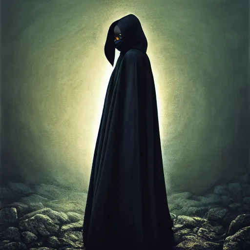 Image similar to a portrait of a young black woman wearing a long dark cloak, hood and shadows covering face, wearing shiny gold, oil painting, matte painting, black background, Volumetric Golden dappled dynamic lighting, Highly Detailed, Cinematic Lighting, Unreal Engine, 8k, HD, by Beksinski