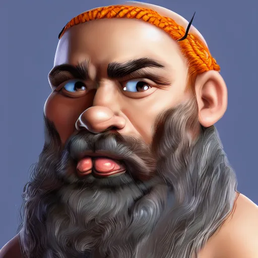 Prompt: muscular dwarf with orangebrown braided beard, short, rough, focus on face, still, photograph, digital painting, trending on artstation, masterpiece, in the style of JB Casacop