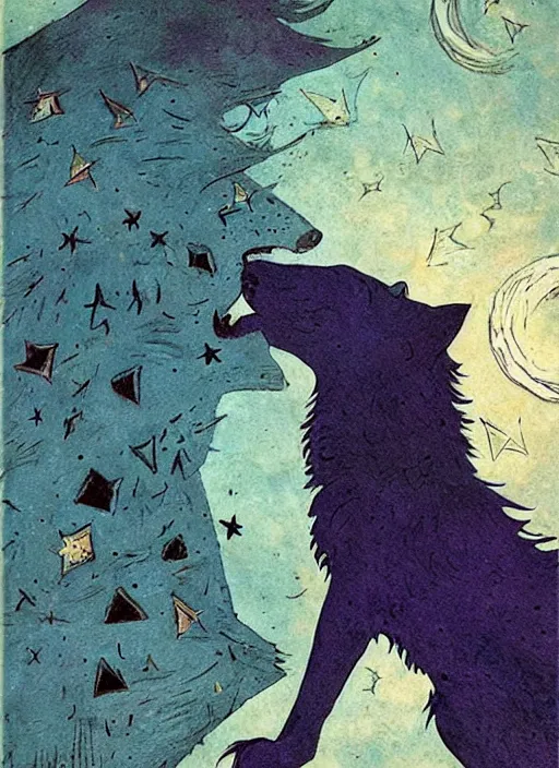 Prompt: a dire wolf howls in the moonlight near the pyramid of giza in the sky 2 3 twinkling purple stars on the cover of a vintage sandman graphic novel by dave mckean and james jean, muted colours, dreary atmosphere