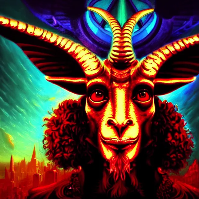 Prompt: Beautiful closeup portrait 3d render of the illuminati Baphomet, face portrait, atmospheric lighting, painted, intricate, volumetric lighting, beautiful, rich deep colors masterpiece, sharp focus, ultra detailed, in the style of Dan Mumford and marc simonetti, with a clear crowded futuristic cyberpunk city in the background, astrophotography