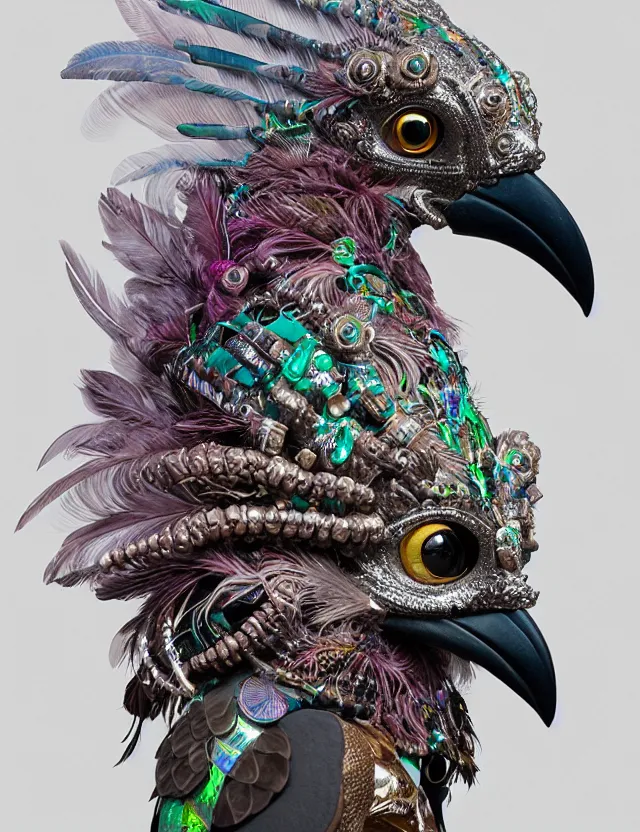 Image similar to 3 d goddess close - up profile portrait with feathers, fur, and bones wearing a beautiful intricately detailed kookaburra mask and retrowave sorceress outfit. lizard scales, reflective chitin, optical mineralogy, songlines, plasma, creature, artwork by tooth wu and android jones wlop and android jones and beeple and greg rutkowski