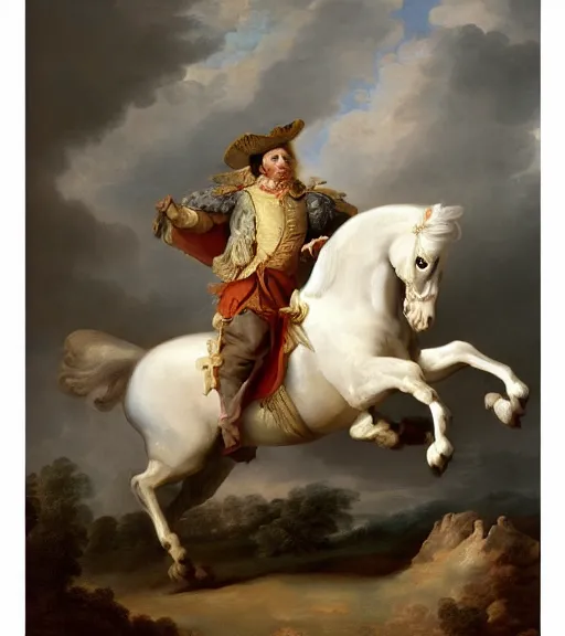 Image similar to a painting of a man riding a white horse, a flemish baroque by elisabeth vigee le brun, behance, rococo, rococo, flemish baroque, dutch golden age