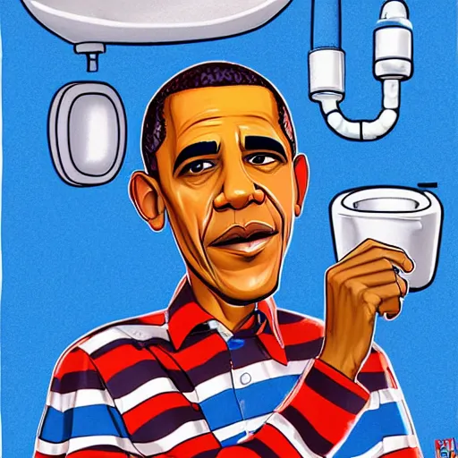 Image similar to obama the plumber, fixing a toilet, in the style of dave macdowell