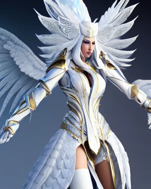 Image similar to perfect white haired attractive egyptian goddess with huge white dove wings, warframe armor, regal, ornate, beautiful, symmetric, dreamy, half asian, pretty face, blue eyes, detailed, scifi platform, laboratory, experiment, 4 k, ultra realistic, epic lighting, android body, illuminated, cinematic, masterpiece, art by akihito tsukushi, voidstar