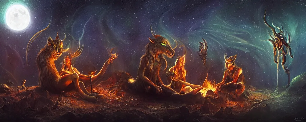 Image similar to uncanny!!! bifrost!!! mythical beasts of sitting around a fire under a full moon at bifrost, surreal dark uncanny painting by ronny khalil