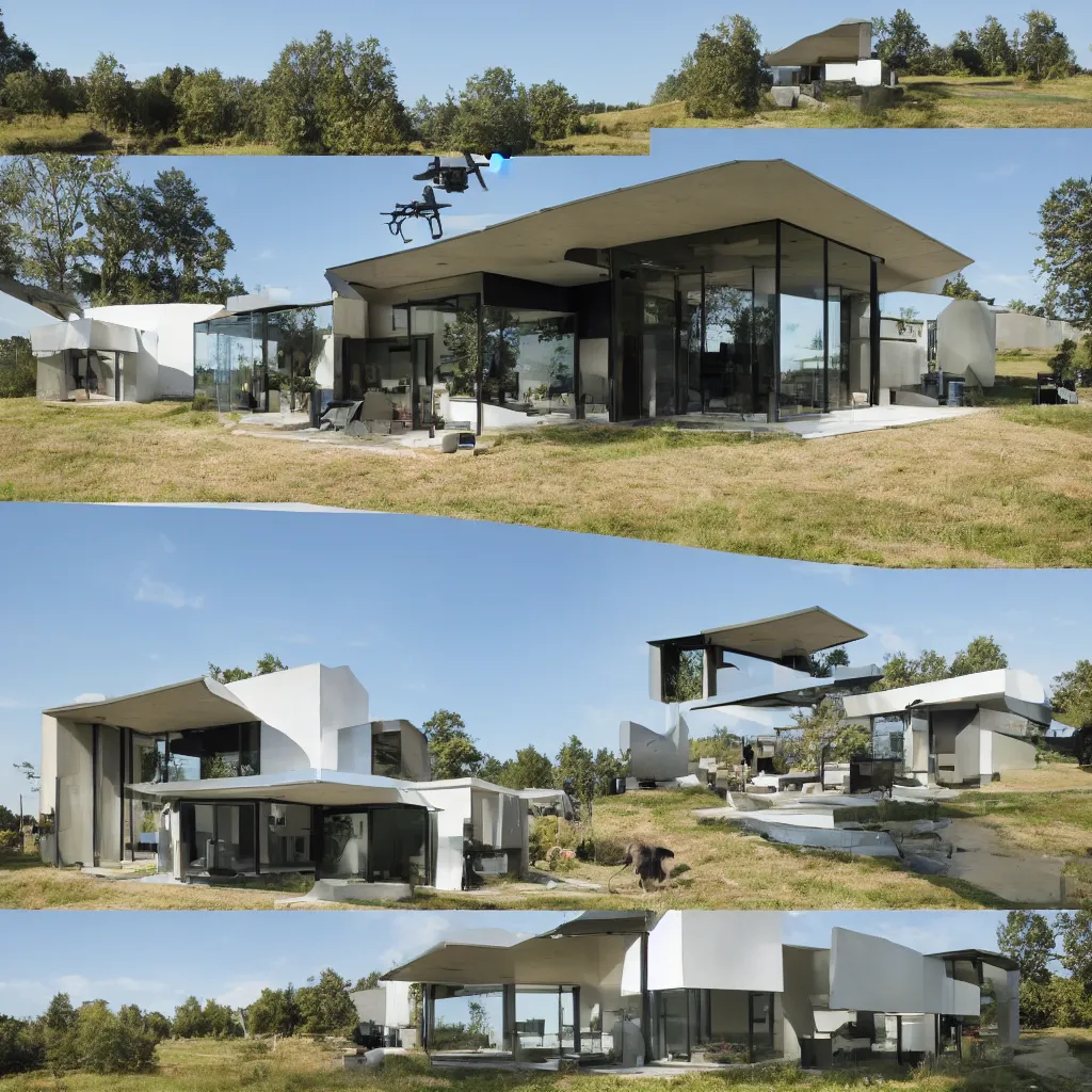 Prompt: hybrid modern home mixed with a drone, a drone home, hovering over a field