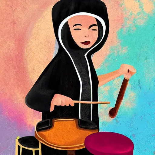 Image similar to a babushka playing drums in a nice suit, digital art