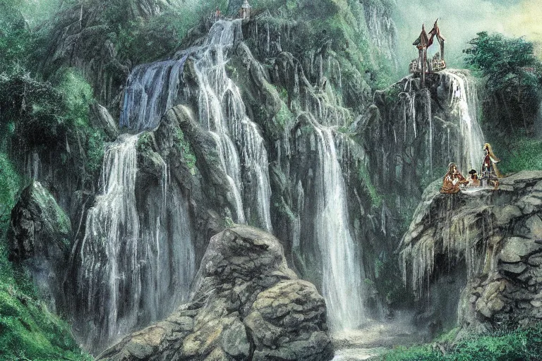 Prompt: an elven waterfall building by j. r. r. tolkien