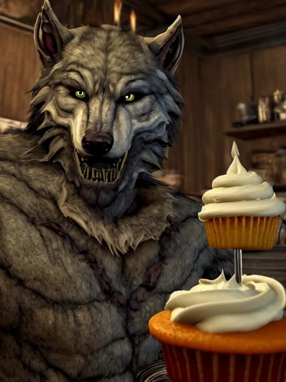 Image similar to cute handsome cuddly burly surly relaxed calm timid werewolf from van helsing sitting down at the breakfast table in the kitchen of a normal suburban home staring longingly at a delicious cupcake with orange frosting unreal engine hyperreallistic render 8k character concept art masterpiece screenshot from the video game the Elder Scrolls V: Skyrim