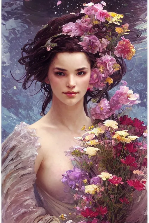 Image similar to portrait of a beautiful mysterious woman holding a bouquet of flowing flowers, hands hidden under the bouquet, lying in a pool of water, fantasy, regal, intricate, by stanley artgerm lau, greg rutkowski, thomas kindkade, alphonse mucha, loish, norman rockwell