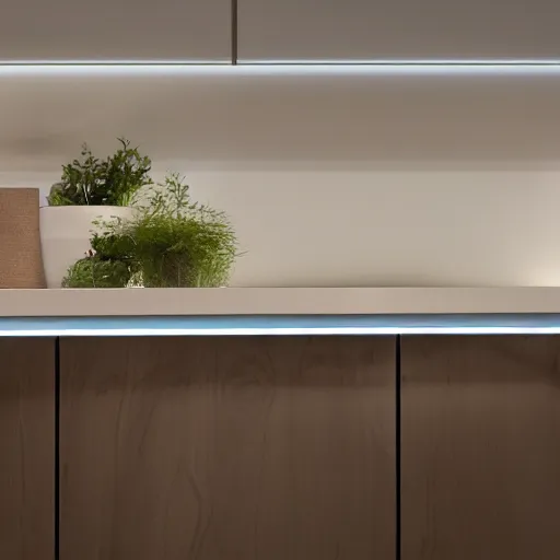 Prompt: under cabinet led strip lighting in a kitchen, close up, realistic, better homes and gardens, 4k, award winning,