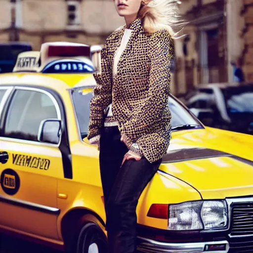 Prompt: beautiful blonde model standing in front of a german taxi, vogue magazine editorial, highly detailed