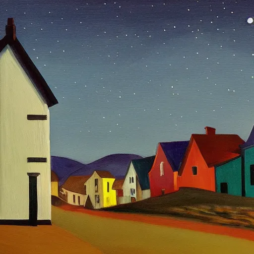 Image similar to a painting of a small village with crooked wooden houses designed by Tim Burton, the village is on a hill, the sky is dark with stars shining through, in the style of Edward Hopper, 4K,