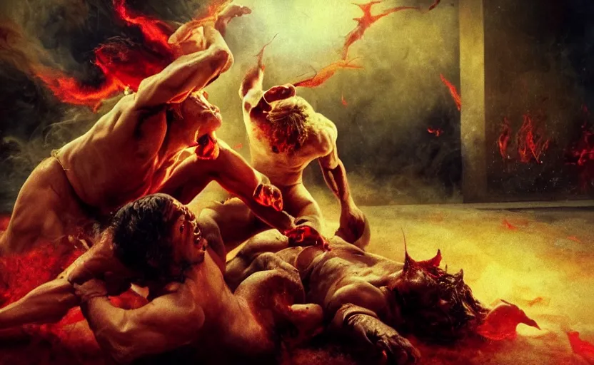 Prompt: hyperrealistic photo of Jesus Christ pummeling red-skinned Satan devil demon Lucifer in the face on the floor to a pulp, 8k cinematic, epic fight scene, stunning composition, DSLR focus on the subjects