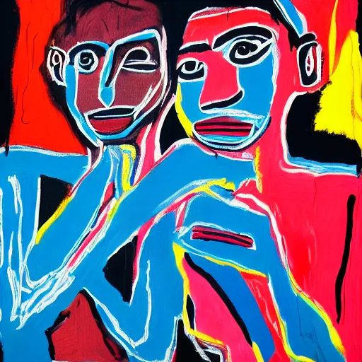 Prompt: a photograph of two girls holding hands while watching the world burn, done in the style of basquiat, akseli gallen kallela, highly detailed, 4 k