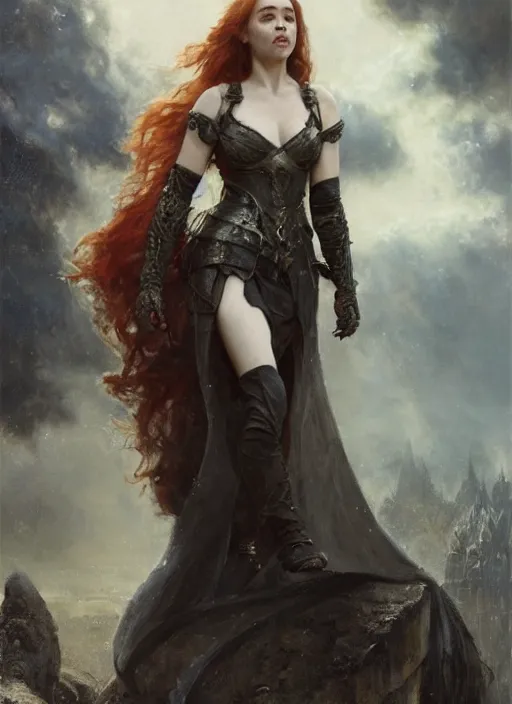 Image similar to mischievous redhead emilia clarke wearing full body dark black medieval armour, detailed, by gaston bussiere, bayard wu, greg rutkowski, giger, maxim verehin, greg rutkowski, masterpiece, sharp focus, cinematic lightning