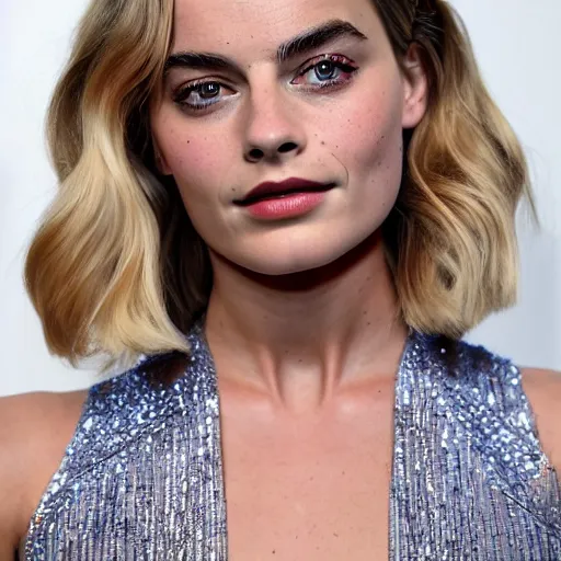 Image similar to a woman who is a genetic combination of margot robbie and emma watson face and upper - body focus