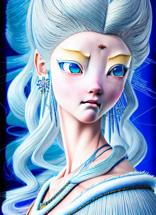 Prompt: a photo-realistic richly detailed color  illustration beautifully depicting a beautiful ice princess from an old folklore epic, class and masterfully painted on glass by Akira Toriyama and Mina Petrovic, Range Murata, Katsuhiro Otomo, Yoshitaka Amano, and Artgerm. 3D shadowing effect, 8K resolution, 3D shadowing effect, ultra ornate detail, digital Provio, intricate details.