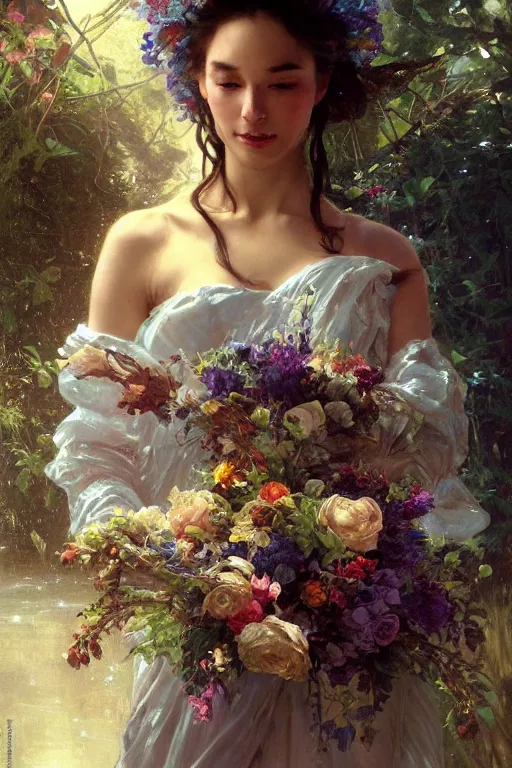 Image similar to portrait of a beautiful mysterious woman holding a bouquet of flowing flowers, hands hidden under the bouquet, lying in a pool of water, fantasy, regal, intricate, by stanley artgerm lau, greg rutkowski, thomas kindkade, alphonse mucha, loish, norman rockwell