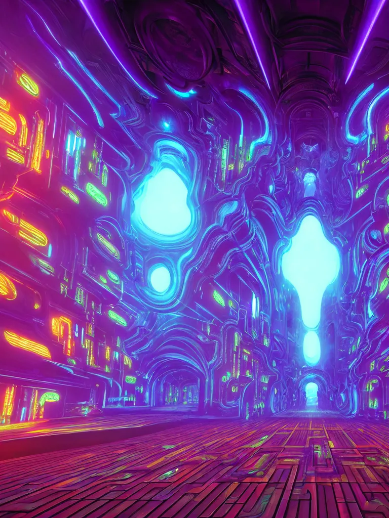 Image similar to entrance to matrix ethereal realm, ai sentient, rendered in unreal engine, central composition, symmetrical composition, dreamy colorful cyberpunk colors, 6 point perspective, fantasy landscape with anthropomorphic terrain in the styles of igor morski, jim warren and rob gonsalves, intricate, hyperrealistic, volumetric lighting, neon ambiance, distinct horizon