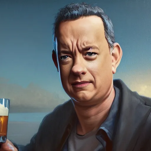 Image similar to tom hanks drinking a beer, highly detailed vfx portrait, unreal engine, greg rutkowski, loish, rhads, caspar david friedrich, makoto shinkai and lois van baarle, ilya kuvshinov, rossdraws, elegent, tom bagshaw, alphonse mucha, global illumination, detailed and intricate environment.