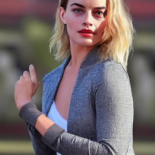 Image similar to a woman who is a genetic combination of margot robbie and emma watson face and upper - body focus