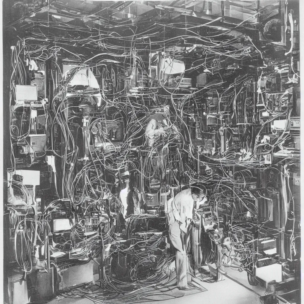 Prompt: An engraving of Max Ersnt in a datacenter, cables, pipes, oil, computers, 1929