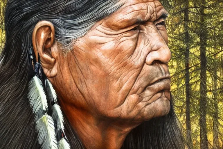 Image similar to hyper-realistic up close photograph of an elegant native american thinking, forest, detailed,