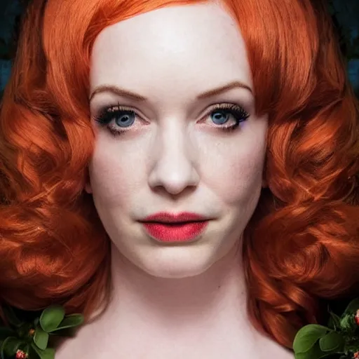 Image similar to symmetry!! christina hendricks!!! full frontal body photography of christina hendricks in cosplay, blushing, perfect facial symmetry, dim volumetric cinematic lighting, 8 k, post - processing, extremely hyper - detailed, intricate, epic composition, masterpiece, stunning,