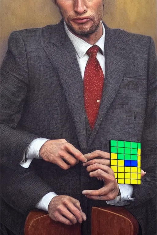 Prompt: a hyper - realistic hyper - detailed fine painting of a man wearing a suit and with a rubik's cube head, ultra - realistic detailed surrealism, magical realism